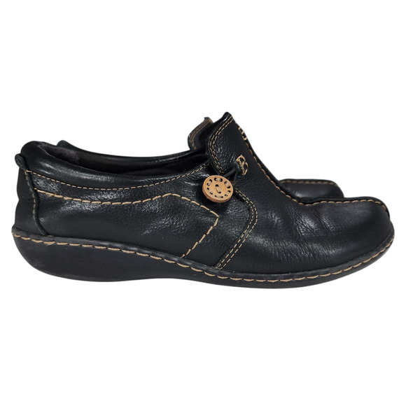 Clarks Slip On Loafers Shoes sz 8 M‎ Women Ashland Glow Leather Black Un Loop - Picture 2 of 10